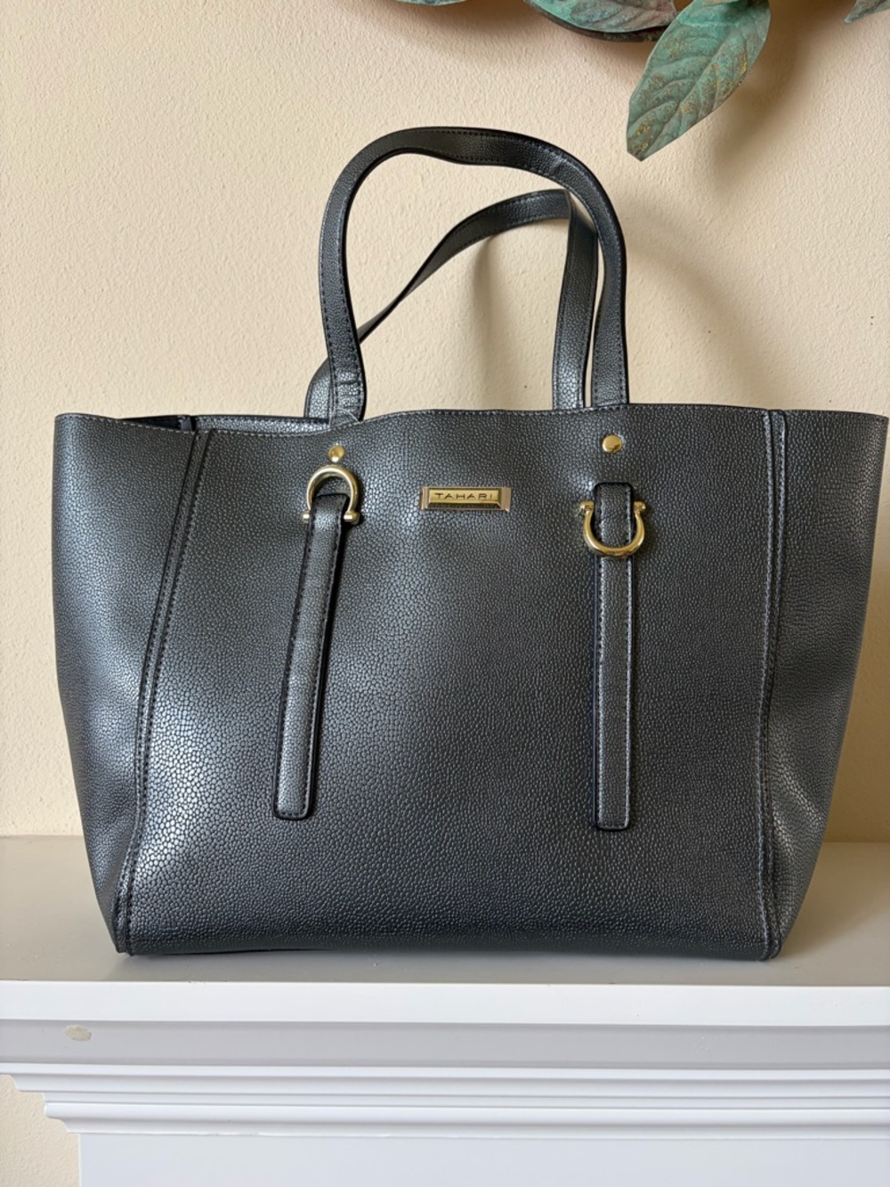 Tahari Black Pebbled Tote with Gold Accents